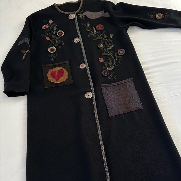 SOLD Custom Long Black Wool Coat with Flower, Bird, Heart Appliques Not sized - Picture 1 of 12
